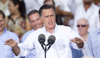 Republican presidential candidate Mitt Romney addresses supporters on Monday, Aug. 13, 2012, during a campaign stop in Miami. (Associated Press)