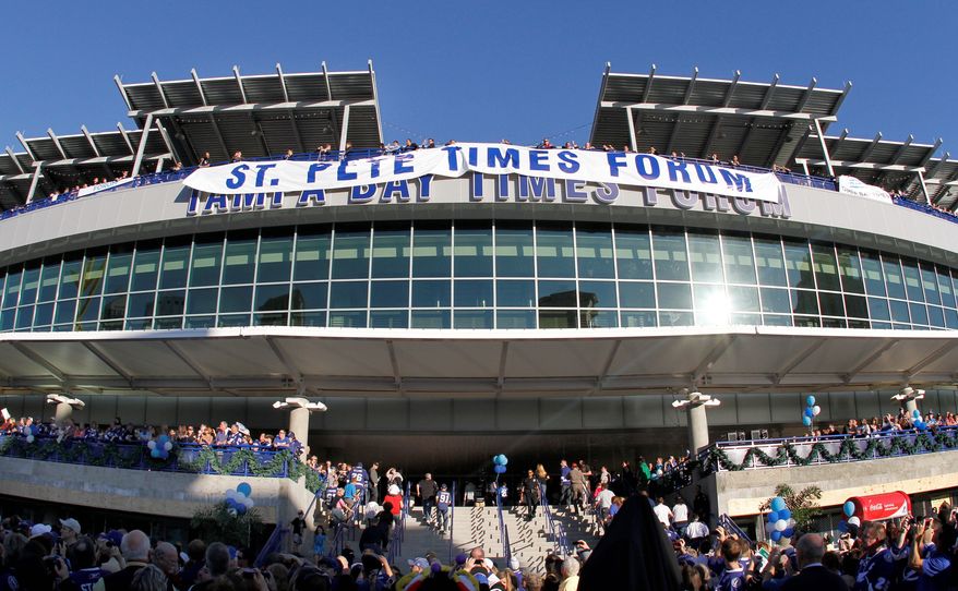 ** FILE ** This Dec. 31, 2011 file photo shows the St. Pete Times Forum unveiling its new name, The Tampa Bay Times Forum, before the start of an NHL hockey game between the Tampa Bay Lightning and Carolina Hurricanes in Tampa, Fla. Tampa will host the Republican National Convention on Aug. 27-30, 2012. (AP Photo/Reinhold Matay, file)