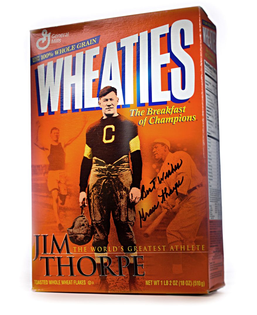 A Jim Thorpe commemorative Wheaties box, autographed by his daughter, Grace, is seen here. (Photo by S. Voss)