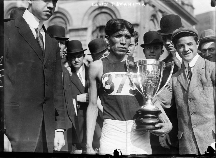 Long distance runner and Olympic medal winner Lewis Tewanima (Hopi; 1879?-1969) after winning a marathon in New York City, May 6, 1911. (Courtesy of Library of Congress, Prints and Photographs Division)