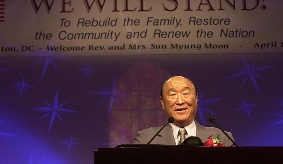 Rev. Sun Myung Moon speaks to the clergy and worshipers at the We Will Stand 2001 National Tour, which was held at the Omni Shoreham Regency Hotel in D.C., Monday, April 16, 2001.  The 52-day, 52-cities tour had a theme of &quot;Rebuild the Family, Restore the Community, Renew the Nation and the World.&quot; (Jessica Tefft / The Washington Times)