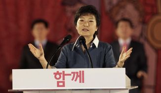 Park Guen-hye, speaking in Goyang, South Korea, on Monday, Aug. 20, 2012, at the national convention of South Korea&#39;s ruling Saenuri Party, was chosen as the conservative party’s presidential candidate. (AP Photo/Ahn Young-joon)