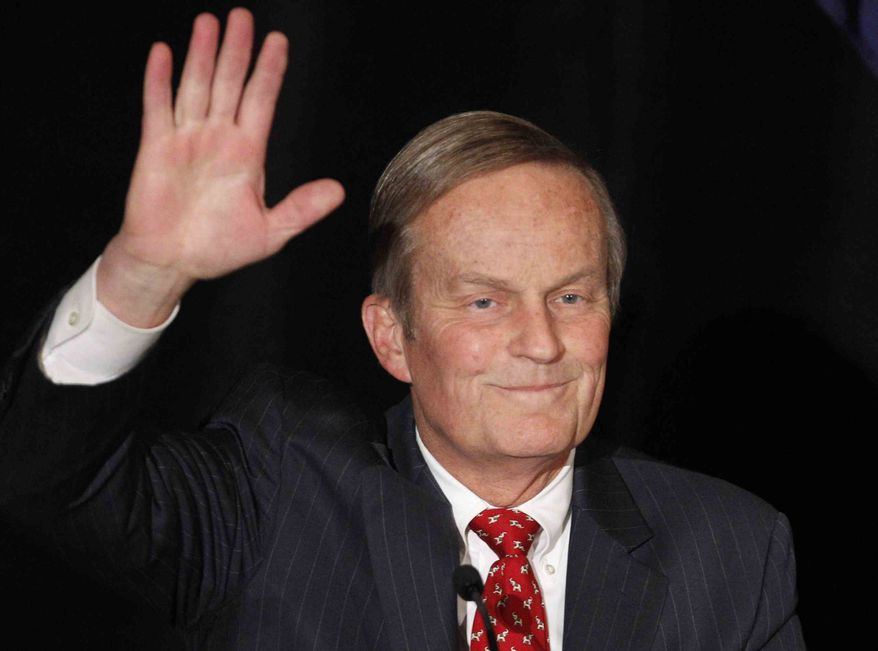 ** FILE ** In this Feb 18, 2012, file photo, Senate candidate Rep. Todd Akin, R-Missouri, waves to the crowd while introduced at a senate candidate forum during a Republican conference in Kansas City, Mo. (AP Photo/Orlin Wagner, File)

