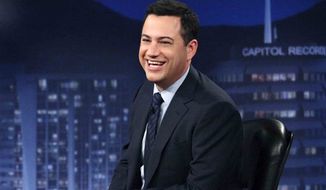 This July 25, 2012 photo released by ABC shows Jimmy Kimmel hosting his late night show &quot;Jimmy Kimmel Live.&quot; ABC says it&#x27;s moving &quot;Jimmy Kimmel Live&quot; into the thick of the late-night fight against Jay Leno and David Letterman. Starting in January, Kimmel&#x27;s talk show will take over the 11:35 p.m. time slot long held by the news magazine &quot;Nightline.&quot; (AP Photo/ABC, Richard Cartwright)