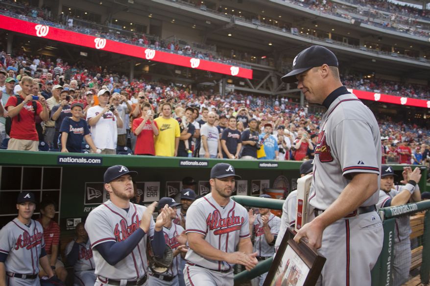 Washington Nationals hold ceremony before the first pitch to honor veteran third baseman Chipper Jones, Wednesday, Aug. 22, 2012, in Washington, DC. Jones has played his entire 19 year career was an Atlanta Brave, winning one World Series title with them in 1995. (Craig Bisacre/The Washington Times)
