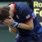 Andy Murray of Great Britain reacts after defeating Roger Federer of Switzerland in the gold medal men&#39;s singles match at the All England Lawn Tennis Club in Wimbledon, London at the 2012 Summer Olympics, Sunday, Aug. 5, 2012. (AP Photo/Elise Amendola)