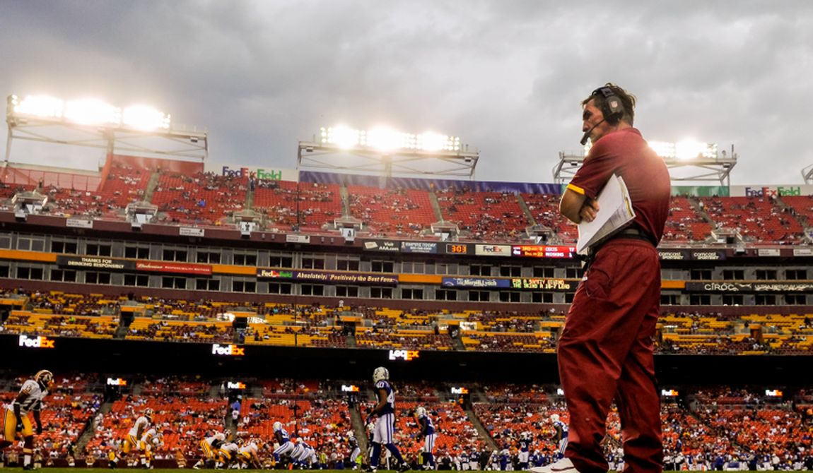Washington Redskins head coach Mike Shanahan paces the sidelines at FedEx Field, Landover, Md. Aug. 25, 2012. (Preston Keres/Special to The Washington Times)