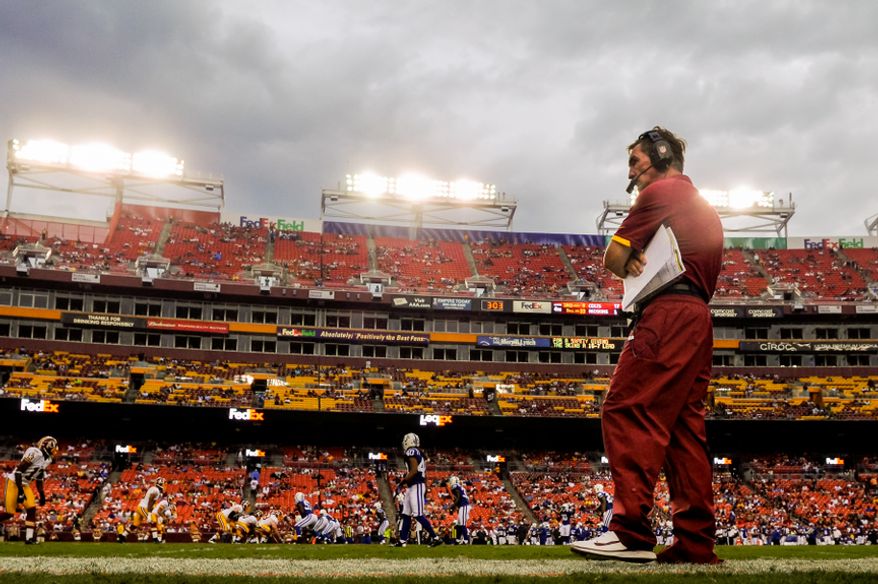 Washington Redskins head coach Mike Shanahan paces the sidelines at FedEx Field, Landover, Md. Aug. 25, 2012. (Preston Keres/Special to The Washington Times)