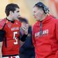 Quarterback Danny O’Brien, shown with Maryland coach Randy Edsall, was the ACC Rookie of the Year as a redshirt freshman. His second season unraveled as the Terrapins stumbled to a 2-10 record. O’Brien finished the campaign on the sideline with a broken left arm suffered in a loss to Notre Dame at FedEx Field. (Associated Press)