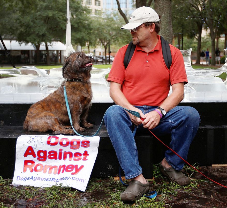 Robert Berg of Sarasota, Fla. looks at his dog during a Dogs Against Romney protest before the Republican National Convention in Tampa, Fla. (AP Photo/Jae C. Hong)