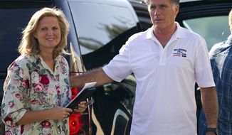 Republican presidential candidate, former Massachusetts Gov. Mitt Romney and his wife Ann arrive at Brewster Academy for convention preparations on Sunday, Aug. 26, 2012 in Wolfeboro, N.H. (AP Photo/Evan Vucci)