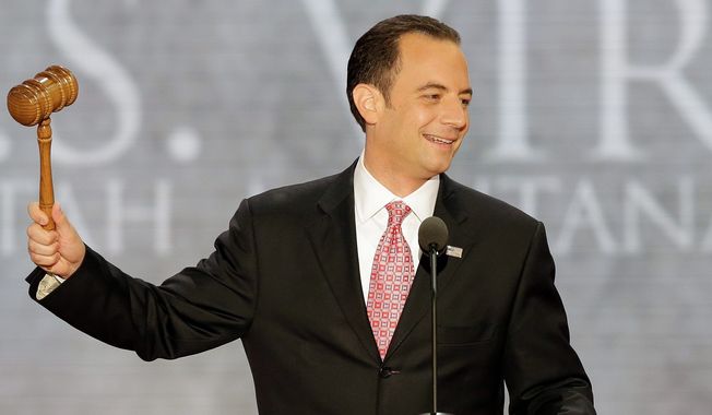 ** FILE ** Reince Priebus, chairman of the Republican National Committee, gavels open the abbreviated first session of the Republican National Convention in Tampa, Fla., on Monday, Aug. 27, 2012. (AP Photo/J. Scott Applewhite) 