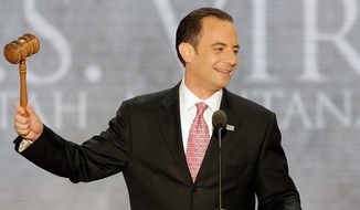 Reince Priebus, chairman of the Republican National Committee, gavels open the abbreviated first session of the Republican National Convention in Tampa, Fla., on Monday, Aug. 27, 2012. (AP Photo/J. Scott Applewhite)