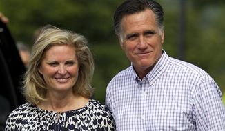 Republican presidential candidate, former Massachusetts Gov. Mitt Romney and his wife Ann, leave Brewster Academy after working on convention preparations, Monday, Aug. 27, 2012, in Wolfeboro, N.H. (AP Photo/Evan Vucci)