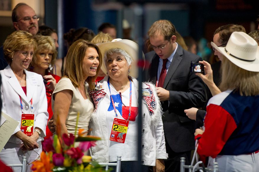 Former presidential candidate Rep. Michele Bachmann attends a "treasure life" event as part of the Republican National Coalition for Life and Republican National Convention. (Andrew Harnik/The Washington Times)
