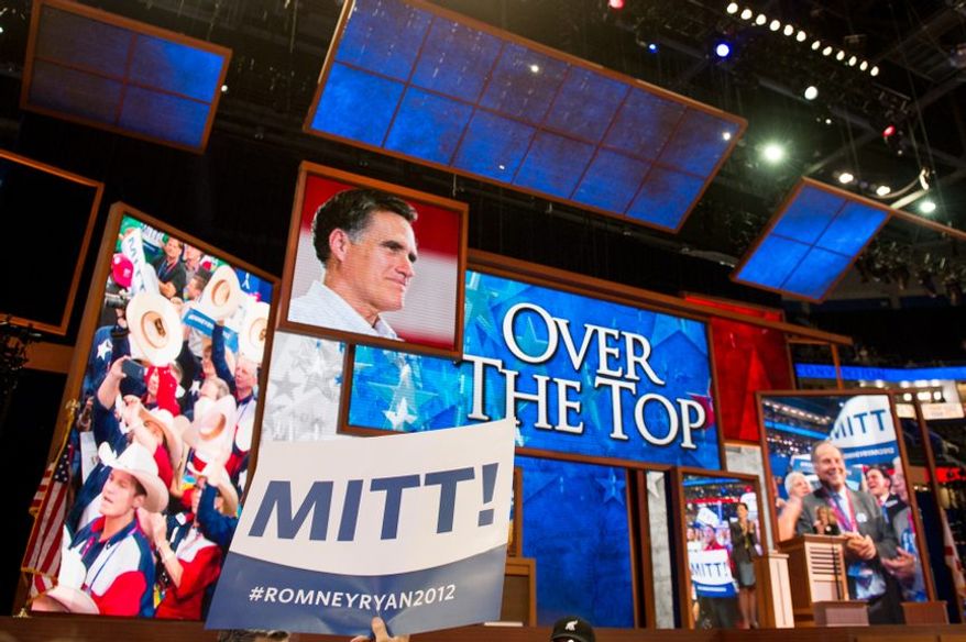 With New Jersey announcing their votes, Mitt Romney receives enough delegate votes to put him over the top as the Republican nomination for the next president of the United States at the Republican National Convention, Tampa, Fla., Tuesday, Aug. 28, 2012. (Andrew Harnik/The Washington Times)