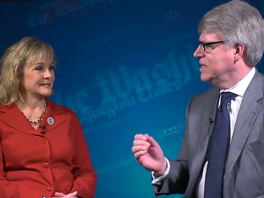 Screenshot: Editor of the Washington Times, Ed Kelley, interviews Gov. Mary Fallin of Oklahoma at the Republican National Convention.