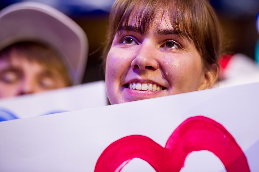 A tear rolls down the cheek of Mary Kanowsky, 22, of Peoria, Ill., as she listens to Ann Romney give a speech at the Republican National Convention, Tampa, Fla., Tuesday, August 28, 2012. (Andrew Harnik/The Washington Times)