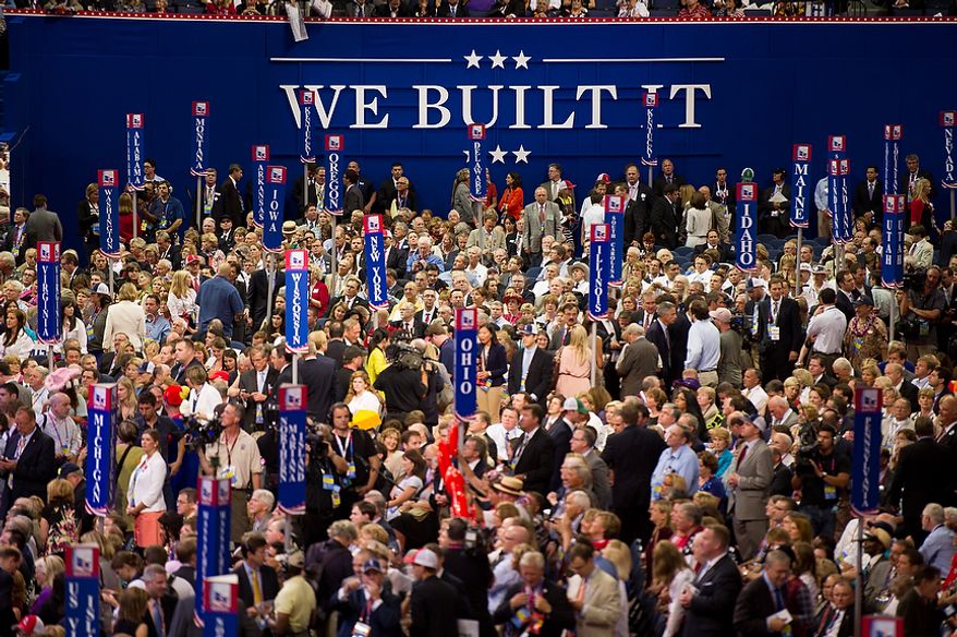Delegates pack the Republican National Convention in Tampa, Fla., on Tuesday, Aug. 28, 2012. (Andrew Harnik/The Washington Times)