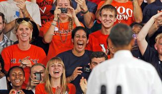 Students and supporters cheer President Barack Obama during a rally in Charlottesville, Va., Wednesday, Aug. 29, 2012. ( AP Photo/Steve Helber)