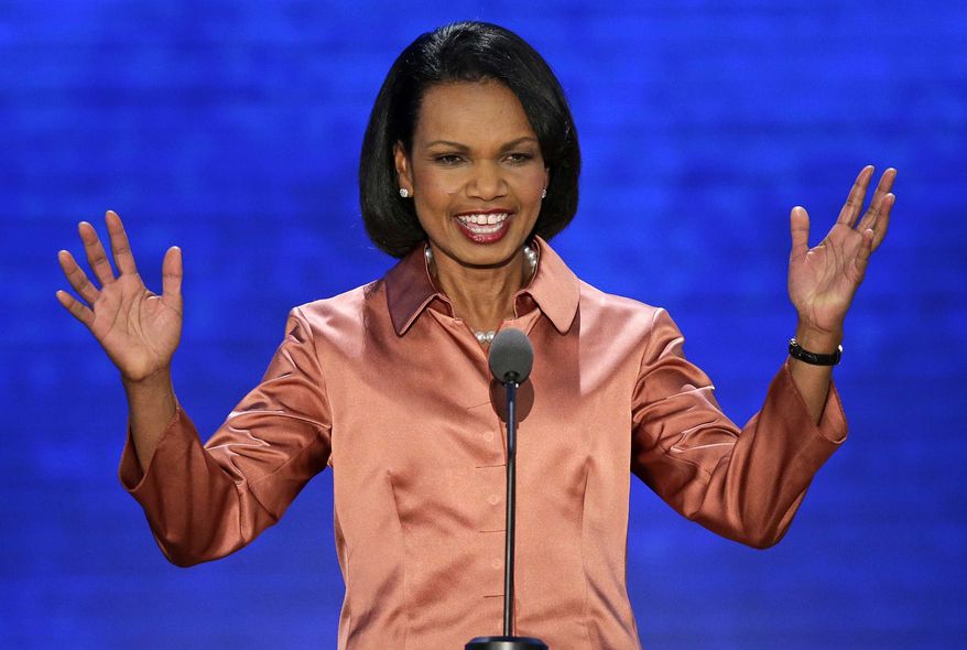 Former Secretary of State Condoleezza Rice reacts to the delegates as she arrives to address the Republican National Convention in Tampa, Fla., on Wednesday, Aug. 29, 2012. (AP Photo/J. Scott Applewhite)