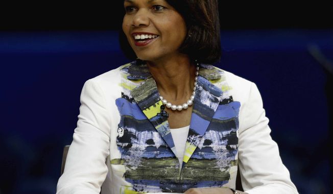 Former Secretary of State Condoleezza Rice sits down for a television interview on the floor of the Republican National Convention in Tampa, Fla., Wednesday, Aug. 29, 2012. (AP Photo/David Goldman)

