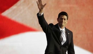 Republican vice presidential nominee Paul Ryan waves Aug. 29, 2012, before speaking to delegates during the Republican National Convention in Tampa, Fla. (Associated Press)