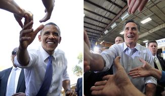 **FILE** In this photo combination, President Obama (left) reaches out to shake hands Aug. 21, 2012, after speaking at a campaign event at Capital University in Columbus, Ohio, and Republican presidential candidate Mitt Romney shakes hands with supporters Feb. 17, 2012, after finishing his speech during a rally at Guerdon Enterprises in Boise, Idaho. (Associated Press)