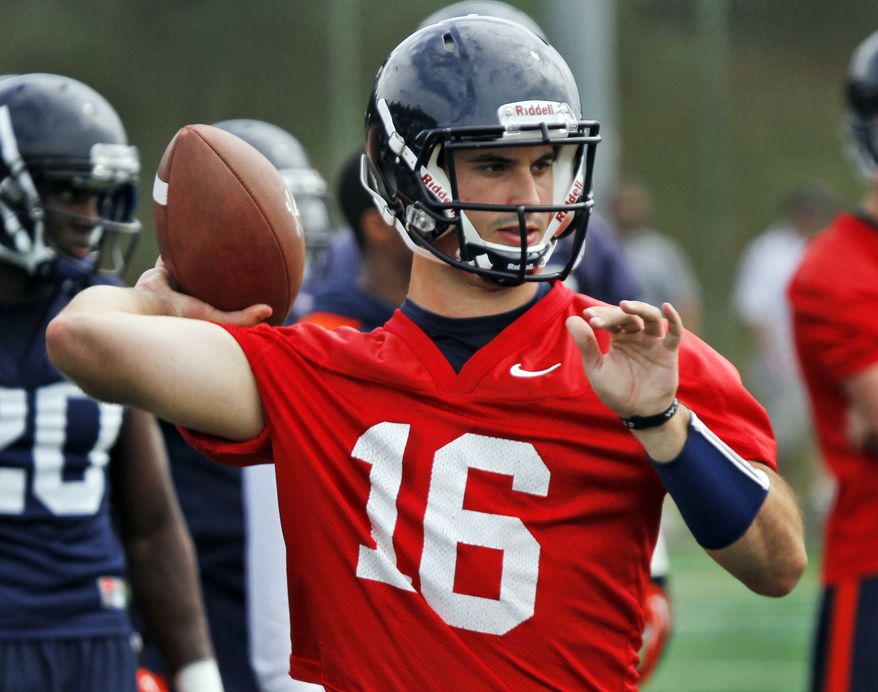 FILE - In this Aug. 6, 2012, file photo, Virginia quarterback Michael Rocco (16) looks to throw during NCAA college football practice in Charlottesville, Va. Head coach Mike London announced on Monday, Aug. 27, that Rocco has been named the starting quarterback for Saturday's game against Richmond. (AP Photo/Steve Helber, File)