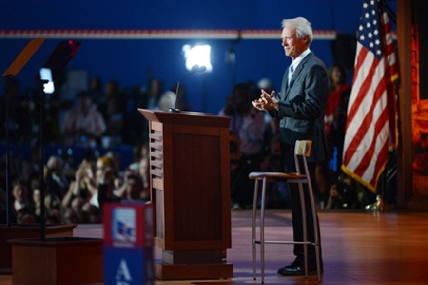 Actor/Director Clint Eastwood speaks on behalf of Mitt Romney at the Republican National Convention at the Tampa Bay Times Forum in Tampa, Fla., on Thursday, Aug. 30, 2012. (Andrew Harnik/The Washington Times)