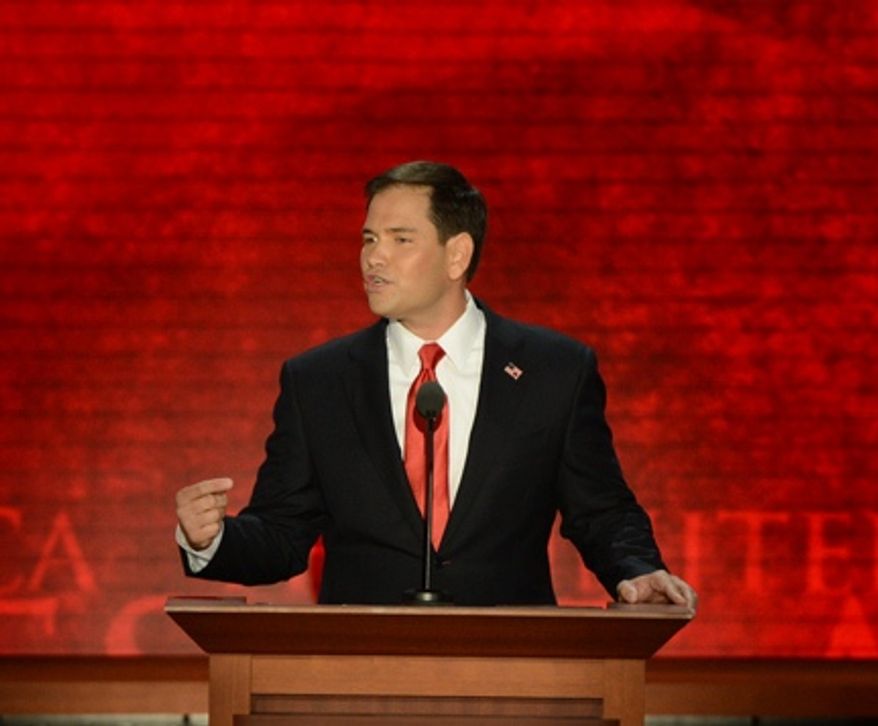 U.S. Sen. Marco Rubio of Florida addresses the Republican National Convention at the Tampa Bay Times Forum in Tampa, Fla., on Thursday, Aug. 30, 2012. (Rod Lamkey, Jr./The Washington Times)