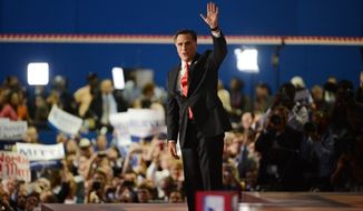 Mitt Romney accepts the nomination of the Republican Party for president of the United States at the Republican National Convention at the Tampa Bay Times Forum in Tampa, Fla., on Thursday, Aug. 30, 2012. (Andrew Harnik/The Washington Times)