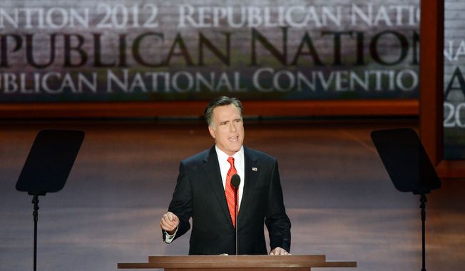 **FILE ** Mitt Romney accepts the nomination of the Republican Party for President of the United States at the Republican National Convention at the Tampa Bay Times Forum in Tampa, Fla. on Thursday, August 30, 2012. (Rod Lamkey, Jr./ The Washington Times)
