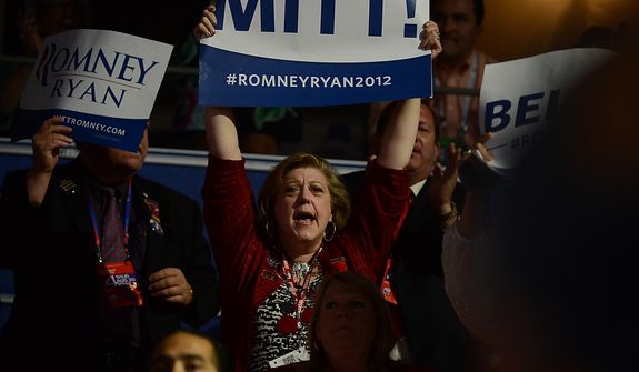 A supporter screams as Mitt Romney accepts the nomination of the Republican Party for President of the United States at the Republican National Convention at the Tampa Bay Times Forum in Tampa, Fla. on Thursday, August 30, 2012. (Andrew Harnik/ The Washington Times)