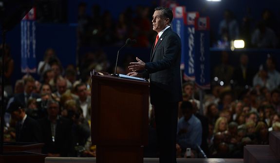 Mitt Romney accepts the nomination of the Republican Party for President of the United States at the Republican National Convention at the Tampa Bay Times Forum in Tampa, Fla. on Thursday, August 30, 2012. (Andrew Harnik/ The Washington Times)