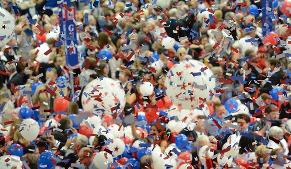 Confetti drops after Mitt Romney accepts the nomination of the Republican Party for President of the United States at the Republican National Convention at the Tampa Bay Times Forum in Tampa, Fla. on Thursday, August 30, 2012. (Rod Lamkey, Jr./ The Washington Times)