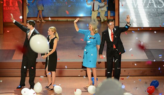 Republican presidential nominee Mitt Romney is joined on stage by his running mate, vice-presidential nominee Rep. Paul Ryan, their wives Ann Romney and Janna Ryan and families after Romney accepted the nomination of the Republican Party for President of the United States at the Republican National Convention at the Tampa Bay Times Forum in Tampa, Fla. on Thursday, August 30, 2012.  (Rod Lamkey, Jr./ The Washington Times)