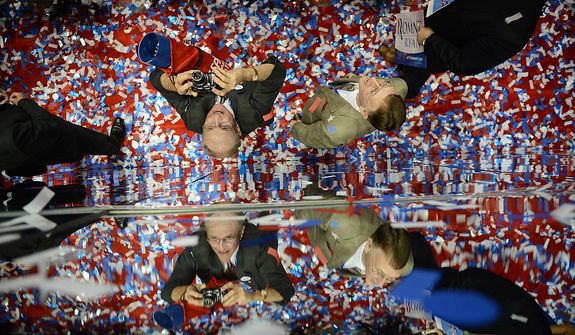 Republicans celebrate after Mitt Romney accepts the nomination of the Republican Party for President of the United States at the Republican National Convention at the Tampa Bay Times Forum in Tampa, Fla. on Thursday, August 30, 2012. (Andrew Harnik/ The Washington Times)