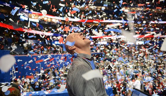 Confetti falls after Mitt Romney accepts the nomination of the Republican Party for President of the United States at the Republican National Convention at the Tampa Bay Times Forum in Tampa, Fla. on Thursday, August 30, 2012. (Andrew Harnik/ The Washington Times)