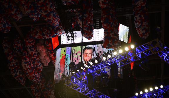 Mitt Romney is seen on the JumboTron screen as he accepts the nomination of the Republican Party for President of the United States at the Republican National Convention at the Tampa Bay Times Forum in Tampa, Fla. on Thursday, August 30, 2012. (Andrew Harnik/ The Washington Times)
