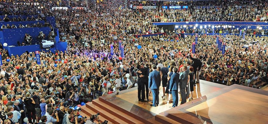 Republican presidential nominee Mitt Romney is joined on stage by his running mate, vice-presidential nominee Rep. Paul Ryan, their wives Ann Romney and Janna Ryan and families after Mr. Romney accepted the nomination of the Republican Party for president of the United States at the Republican National Convention at the Tampa Bay Times Forum in Tampa, Fla., on Thursday, Aug. 30, 2012. (J.M. Eddins Jr./The Washington Times)