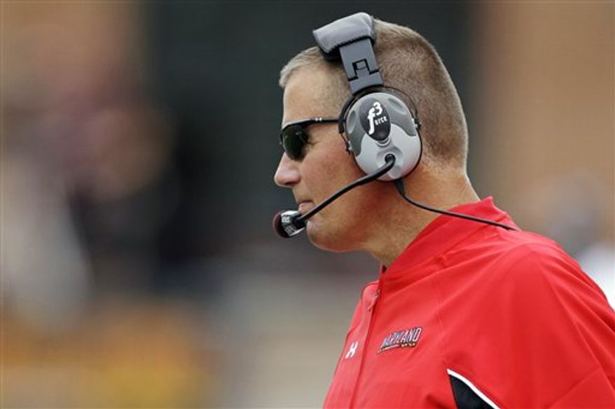Maryland coach Randy Edsall watches from the sideline during the third quarter of a college football game against William & Mary, Saturday, Sept. 1, 2012, in College Park, Md. Maryland won 7-6. (AP Photo/Luis M. Alvarez)