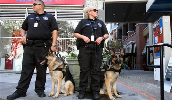 Charlotte Police K-9 units keep watch over the crowd as the Occupy Charlotte movement holds a protest march through the streets of uptown Charlotte, N.C. during the Democratic National Convention. (AP Photo/The Star, Ben Earp)