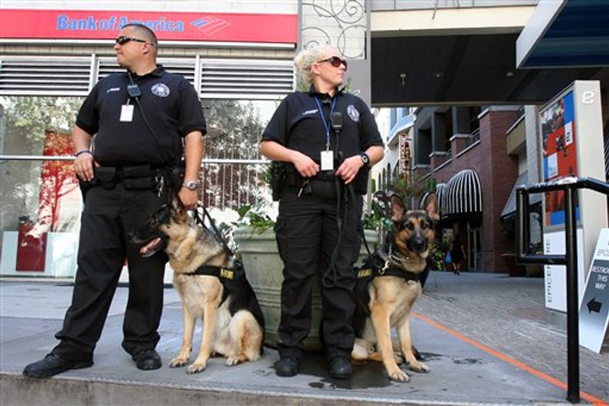 Charlotte Police K-9 units keep watch over the crowd as the Occupy Charlotte movement holds a protest march through the streets of uptown Charlotte, N.C. during the Democratic National Convention. (AP Photo/The Star, Ben Earp)