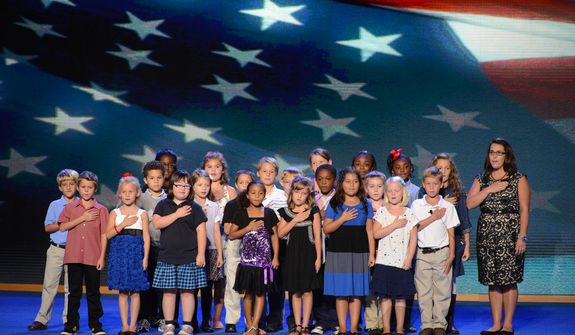 The third-grade class of the W.R. O&#39;Dell Elementary School in Concord, N.C., recite the Pledge of Allegiance at the opening of the Democratic National Convention in Charlotte, N.C., on Tuesday, Sept. 4, 2012. (Andrew Geraci/The Washington Times)