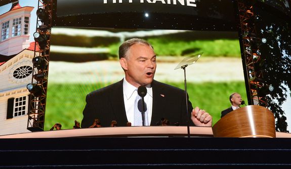 Tim Kaine, Candidate for the US Senate from Virginia, former Governor of Virginia and former Chairman of the Democratic National Committee addresses the Democratic National Convention. (Barbara Salisbury/ The Washington Times)