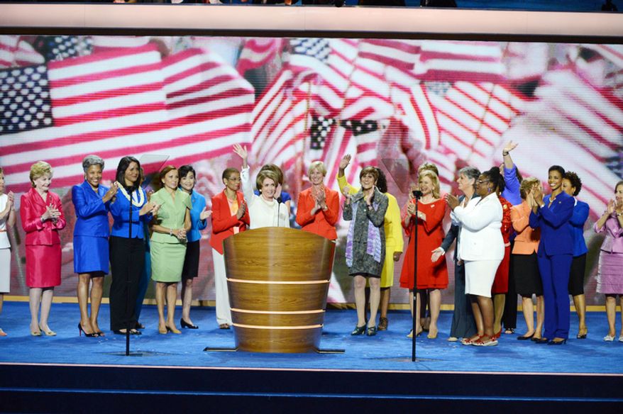 Rep. Nancy Pelosi, Democratic Leader and Member of the US House of Representatives, California leads a group of congressional women; The Honorable Rosa L. DeLauro, Member of the US House of Representatives, Connecticut, The Honorable Carolyn B. Maloney
Member of the US House of Representatives, New York, The Honorable Allyson Schwartz, Member of the US House of Representatives, Pennsylvania, The Honorable Gwen Moore
Member of the US House of Representatives, Wisconsin,The Honorable Nydia M. Vel·zquez
Member of the US House of Representatives, New York, Tulsi Gabbard Candidate for the US House of Representatives, Hawaii, Joyce Beatty
Candidate for the US House of Representatives, Ohio, address the Democratic National Convention at the Time Warner Arena in Charlotte, N.C., on Tuesday, September 4, 2012. (Andrew Geraci/ The Washington Times)