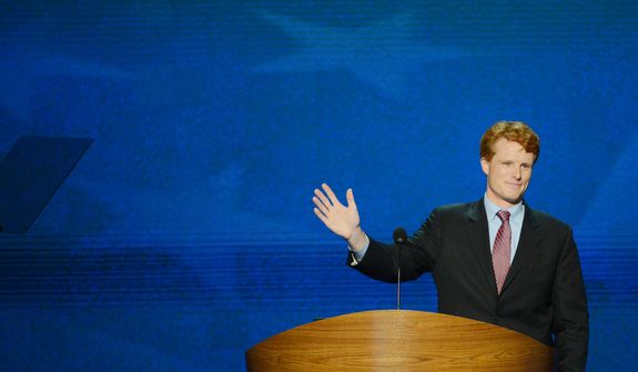 Joe Kennedy III, candidate for the US House of Representatives from Massachusetts addresses the Democratic National Convention at the Time Warner Arena. (Andrew Geraci/ The Washington Times)