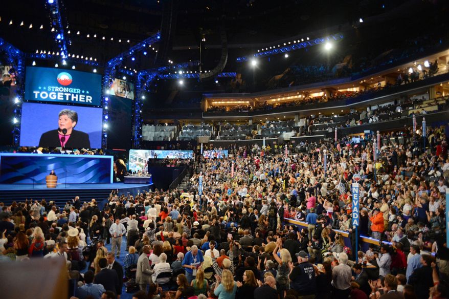 View of the first night of the Democratic National Convention at the Time Warner Arena in Charlotte, N.C., on Tuesday, September 4, 2012. (Andrew Geraci/ The Washington Times)