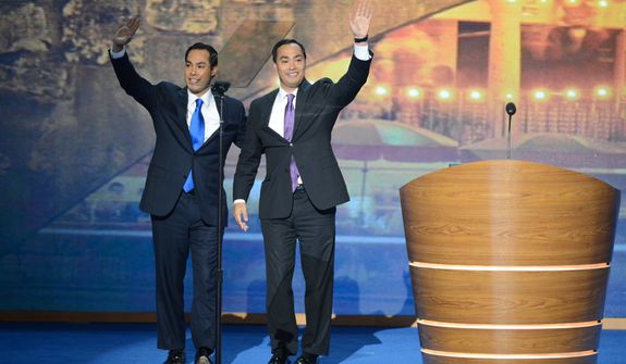 Joaquin Castro, right,  brother of Julian Castro, left, Mayor of San Antonio, Tex. introduces him for the keynote address on the opening night of the Democratic National Convention. (Andrew Geraci/ The Washington Times)